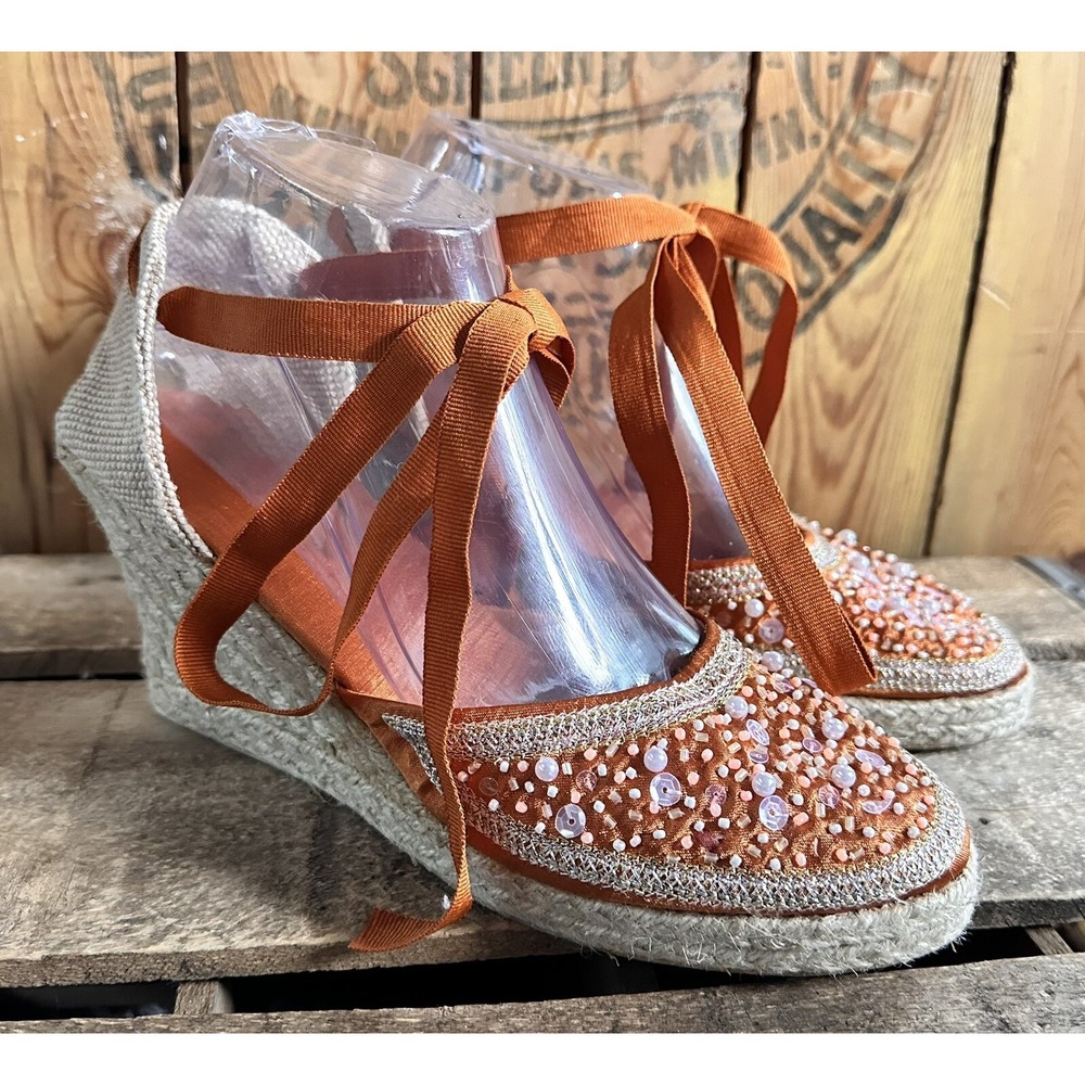 Montego Bay Wedge Espadrilles Shoes Ribbon Orange Beaded Women’s Sz 8 BOHO